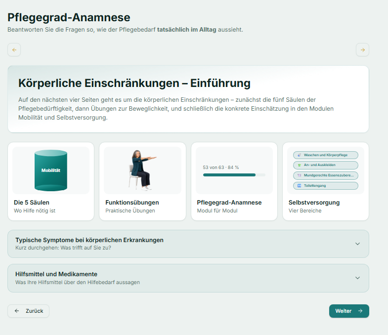 Bildschirmfoto der Anamnese in VitaKast.